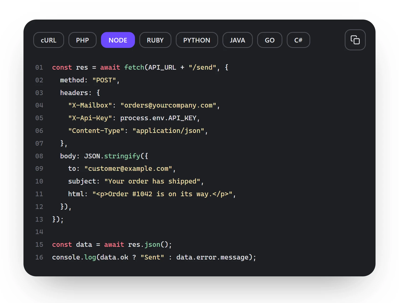 Code sample: sending an email with the API